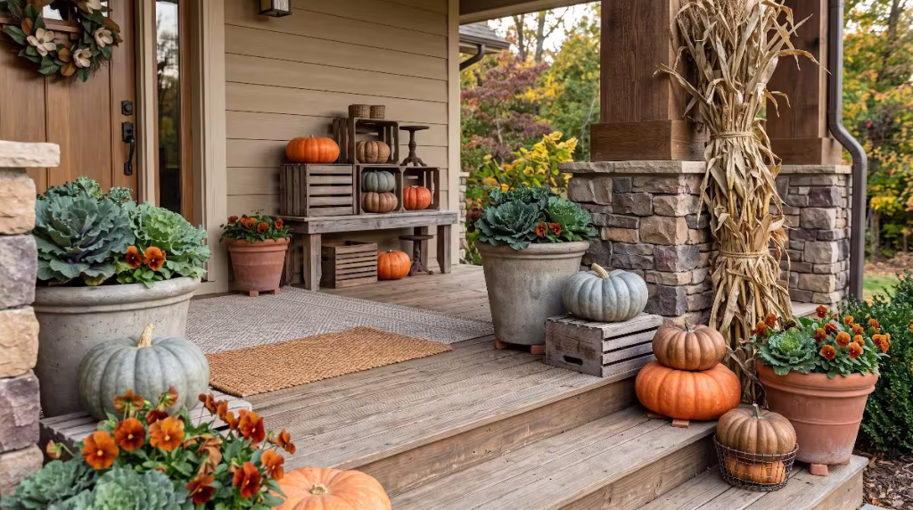 A porch with harvest decor.