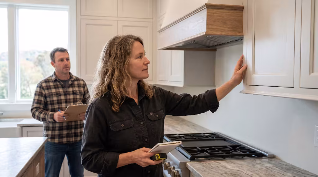 A woman looking at kitchen cabinetry.