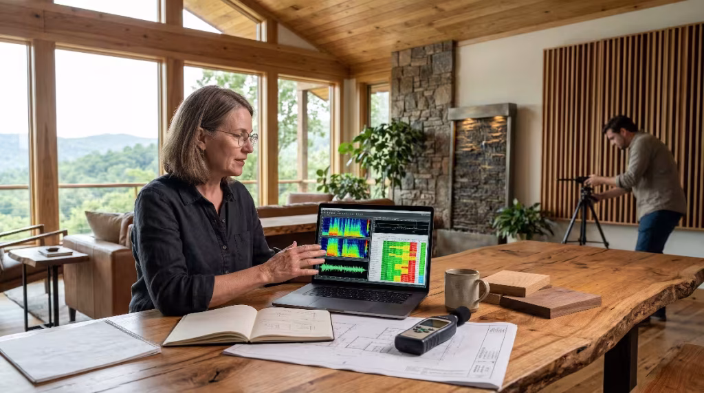 A woman looking at psychoacoustic metrics.