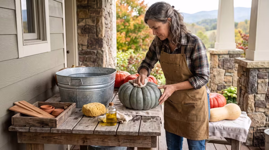 A woman preserving pumpkins.