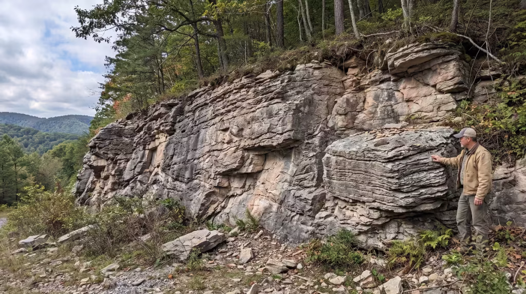 A man looking at an outcrop of limestone.