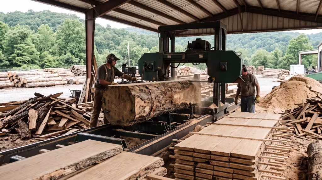 Workers producing rift sawn wood.
