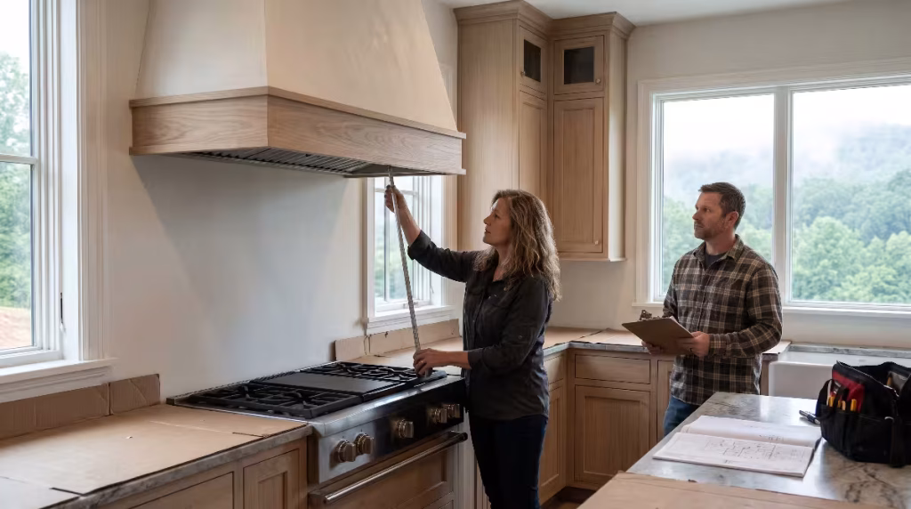 A woman measuring the range hood in a kitchen.