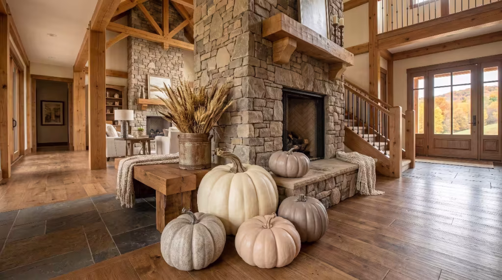 A group of pumpkins on a fireplace.