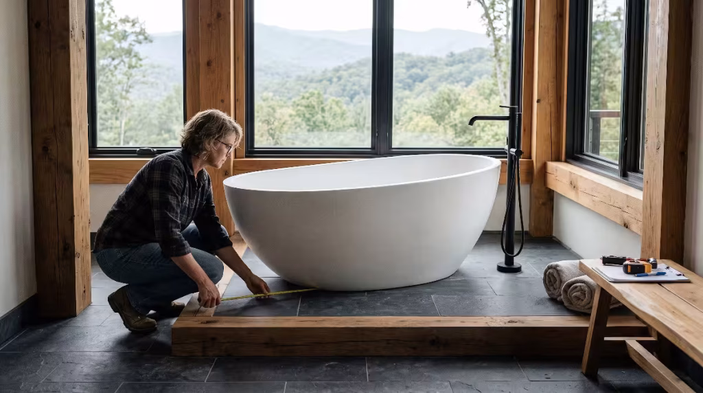 A woman measuring a white sculptural tub.