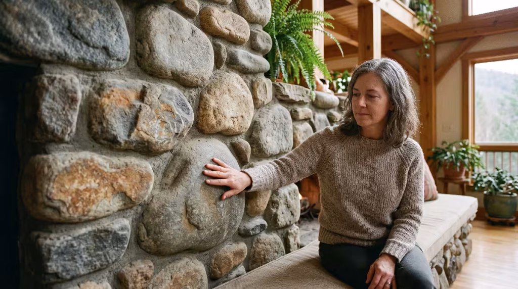 A woman looking at the biophilic features.