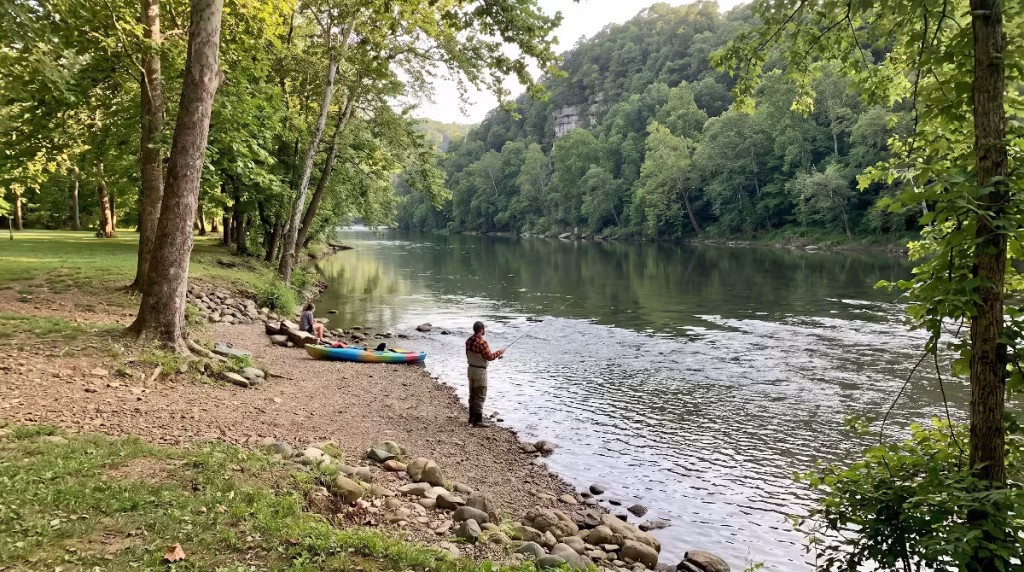 A man fishing on the South Fork Holston River.
