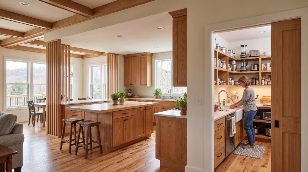 Spatial architecture for open-concept kitchens.