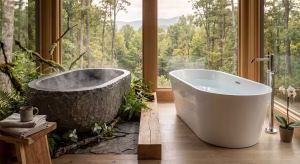 A stone soaking tub next to acrylic tub.