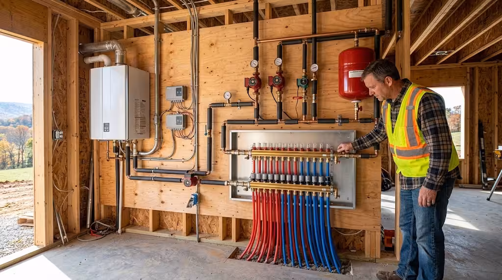 A man showing a radiant heating system.