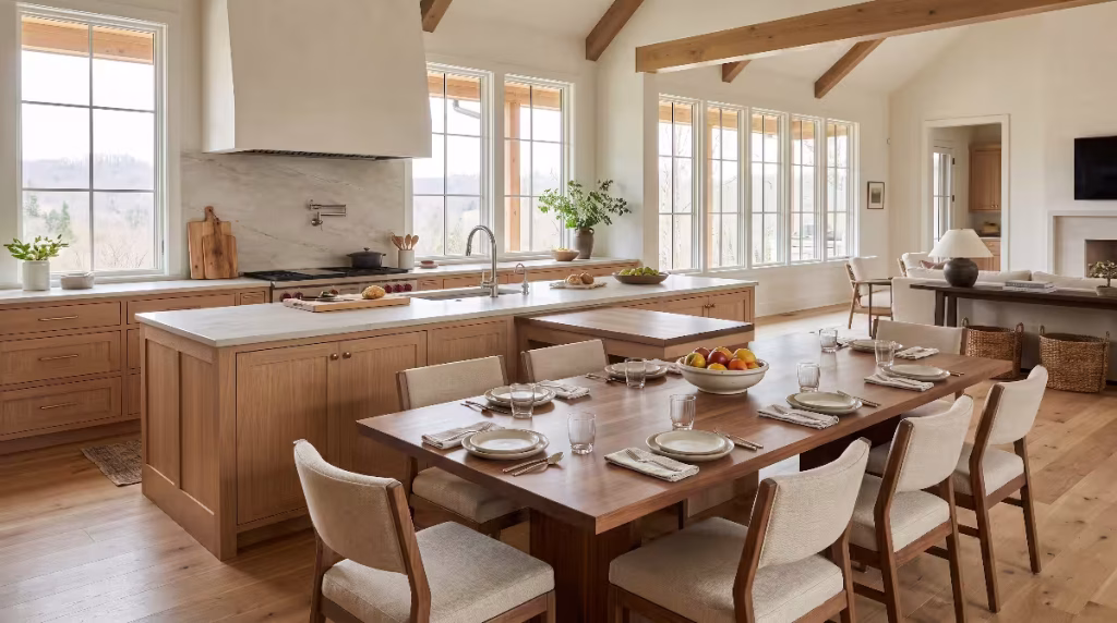 A t shaped kitchen island.