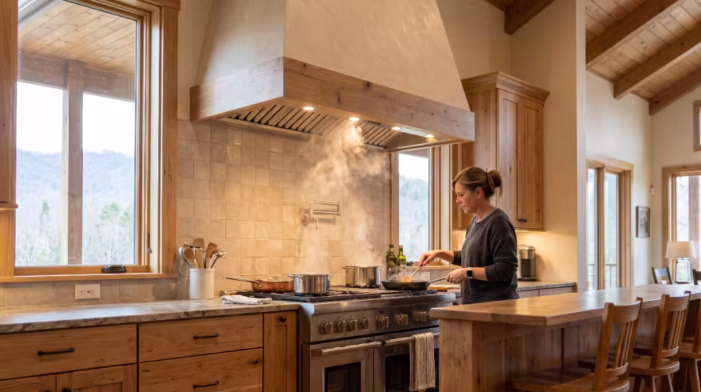 A woman preparing food in a kitchen.