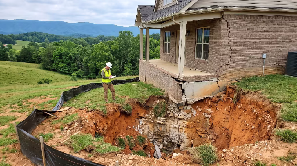 A house with a foundation being undermined.