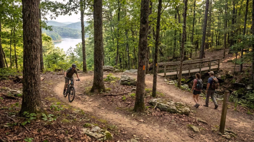 A mountain bike rider and hikers.