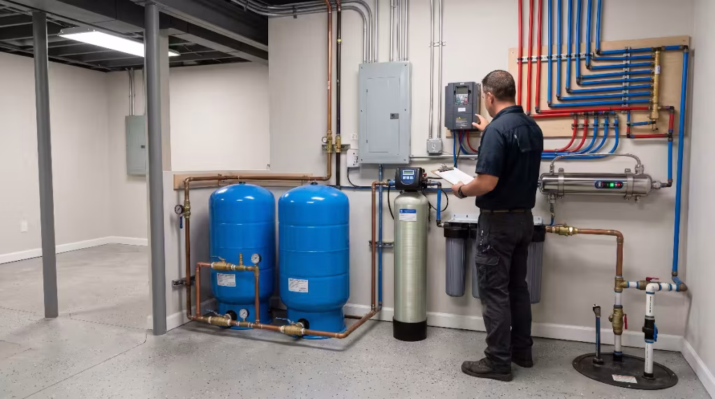 A worker looking at the water supply systems.