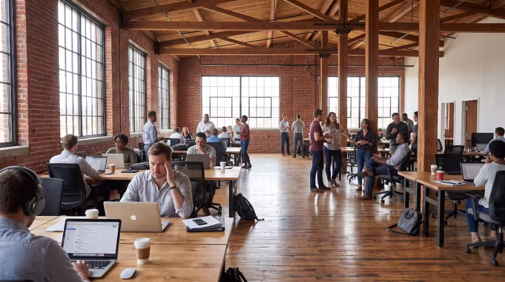 A group of people in a loud office.